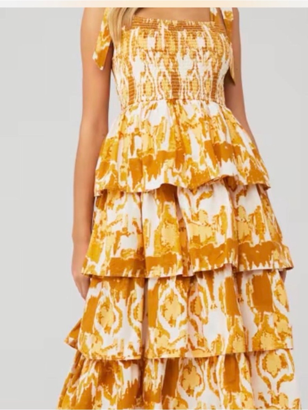 Cleobella Mustard Yellow and White Tiered Ruffle Midi Dress
